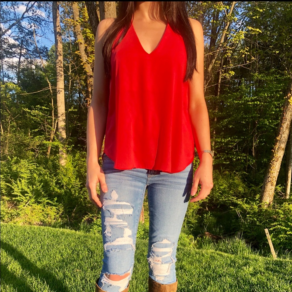 Red flowy v-neck tank top